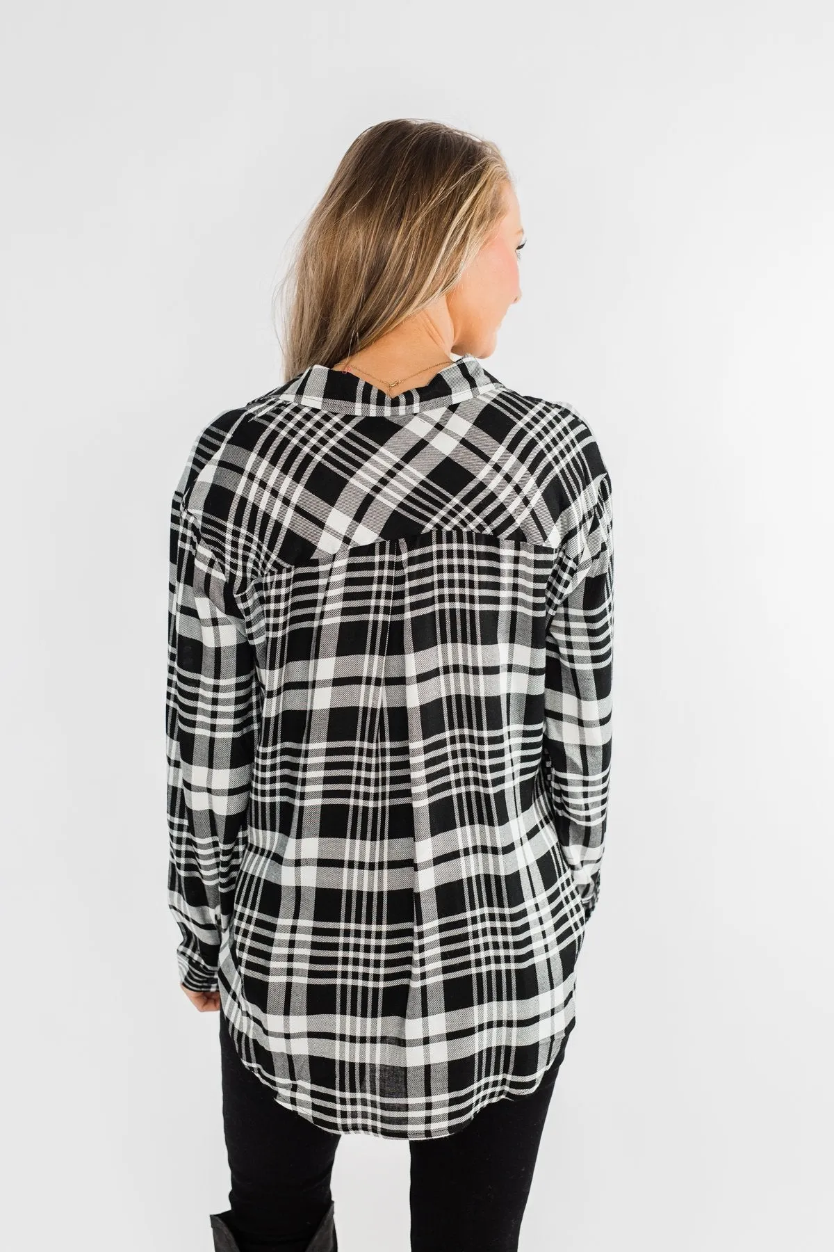Plaid Button Down Twist Top- Black