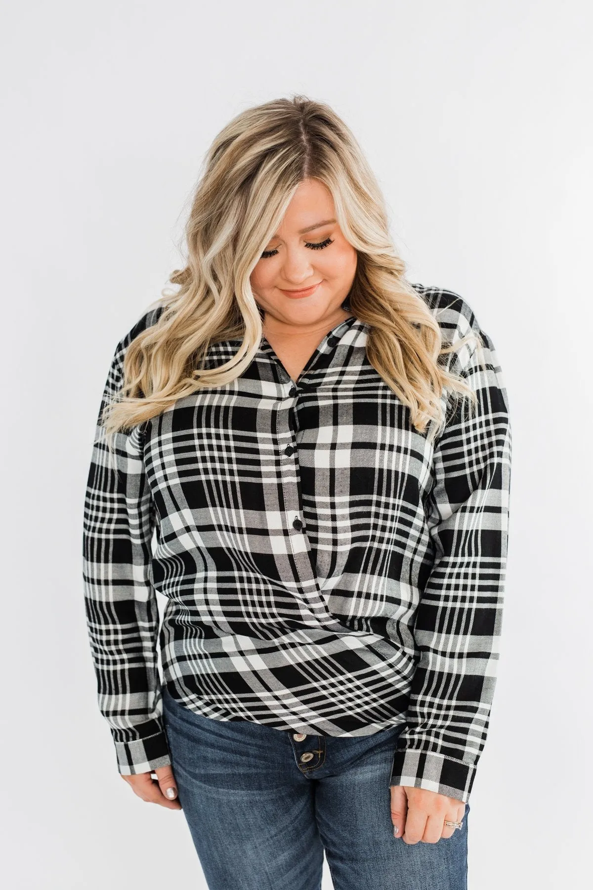 Plaid Button Down Twist Top- Black