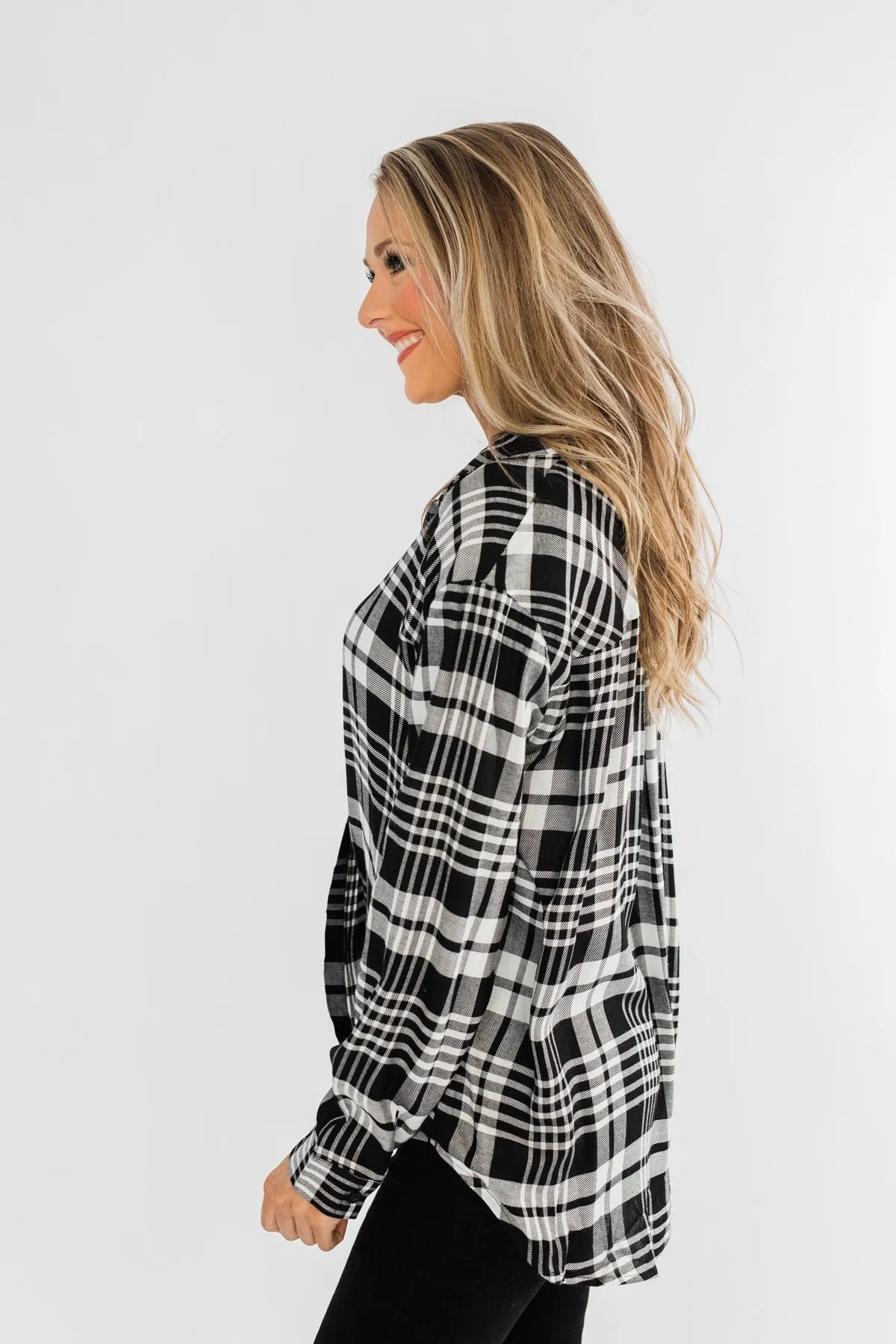 Plaid Button Down Twist Top- Black