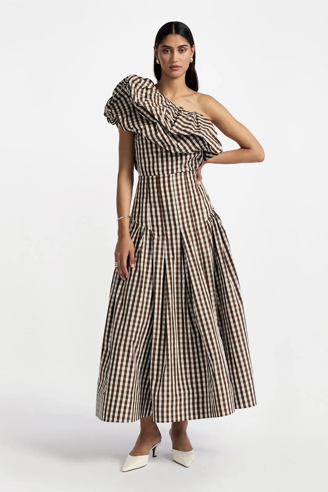 PLAID TAFFETA ONE SHOULDER TOP