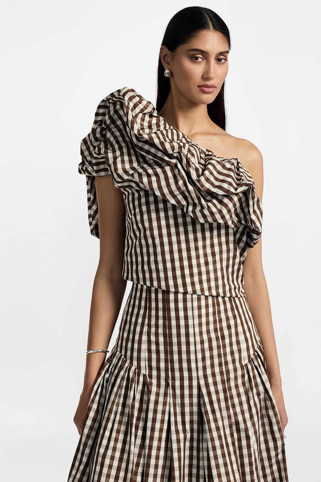 PLAID TAFFETA ONE SHOULDER TOP