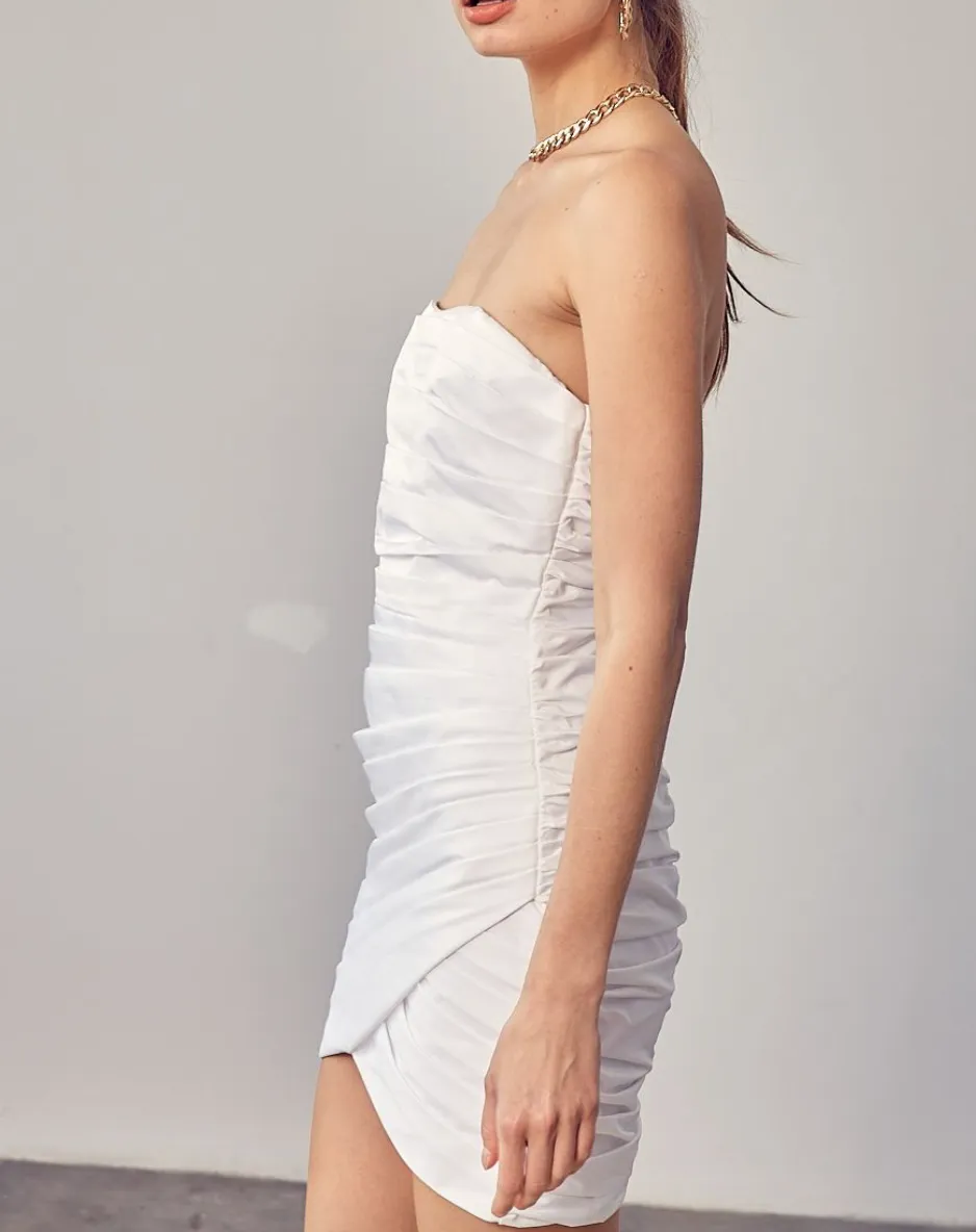Pleat Faux Wrap Strapless Dress