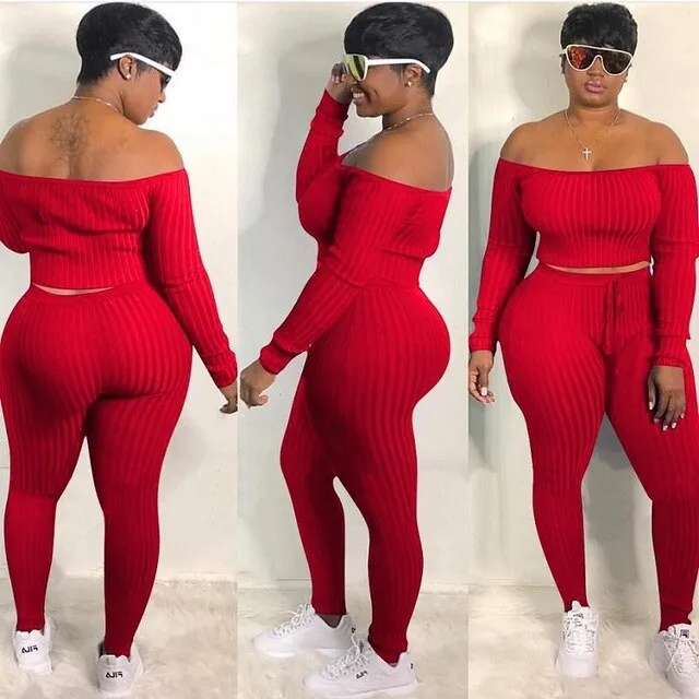 Plus Size Off Shoulder Pants Set - Long Sleeves, Slim Fit, Drawstring Waist - Cotton/Fiber Blend