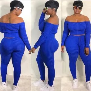 Plus Size Off Shoulder Pants Set - Long Sleeves, Slim Fit, Drawstring Waist - Cotton/Fiber Blend