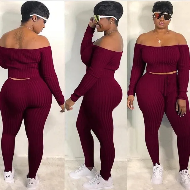 Plus Size Off Shoulder Pants Set - Long Sleeves, Slim Fit, Drawstring Waist - Cotton/Fiber Blend