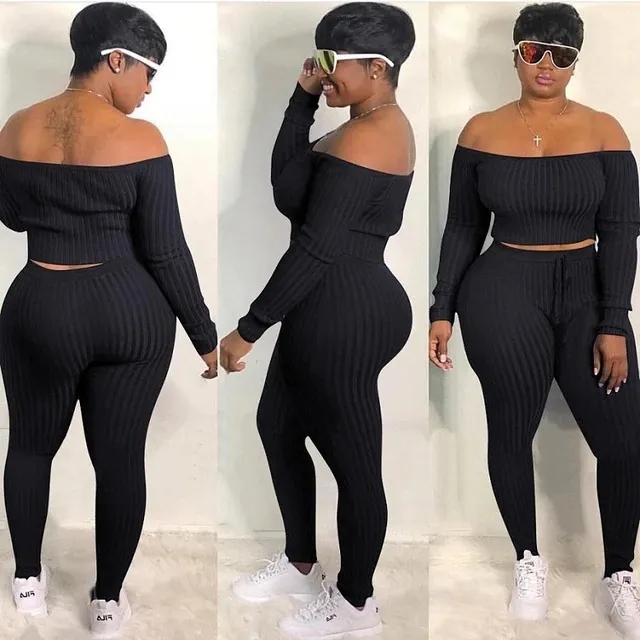 Plus Size Off Shoulder Pants Set - Long Sleeves, Slim Fit, Drawstring Waist - Cotton/Fiber Blend