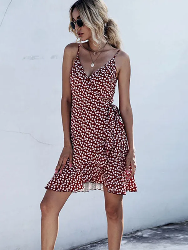 Polka Dot Mini Dress with Ruffle Hem and Spaghetti Straps