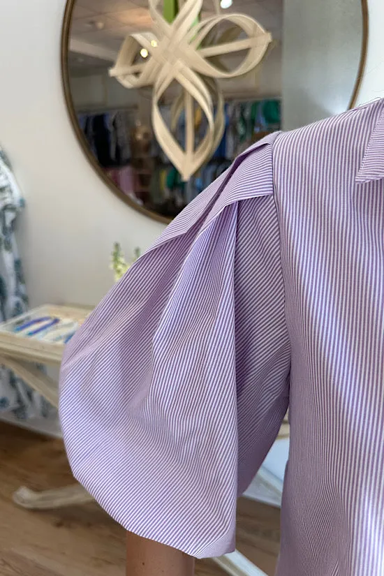Puff Sleeve Striped Shirt Dress in Purple and White