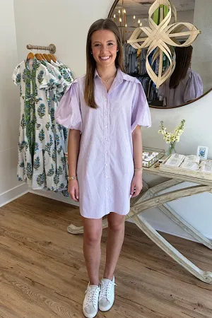 Puff Sleeve Striped Shirt Dress in Purple and White