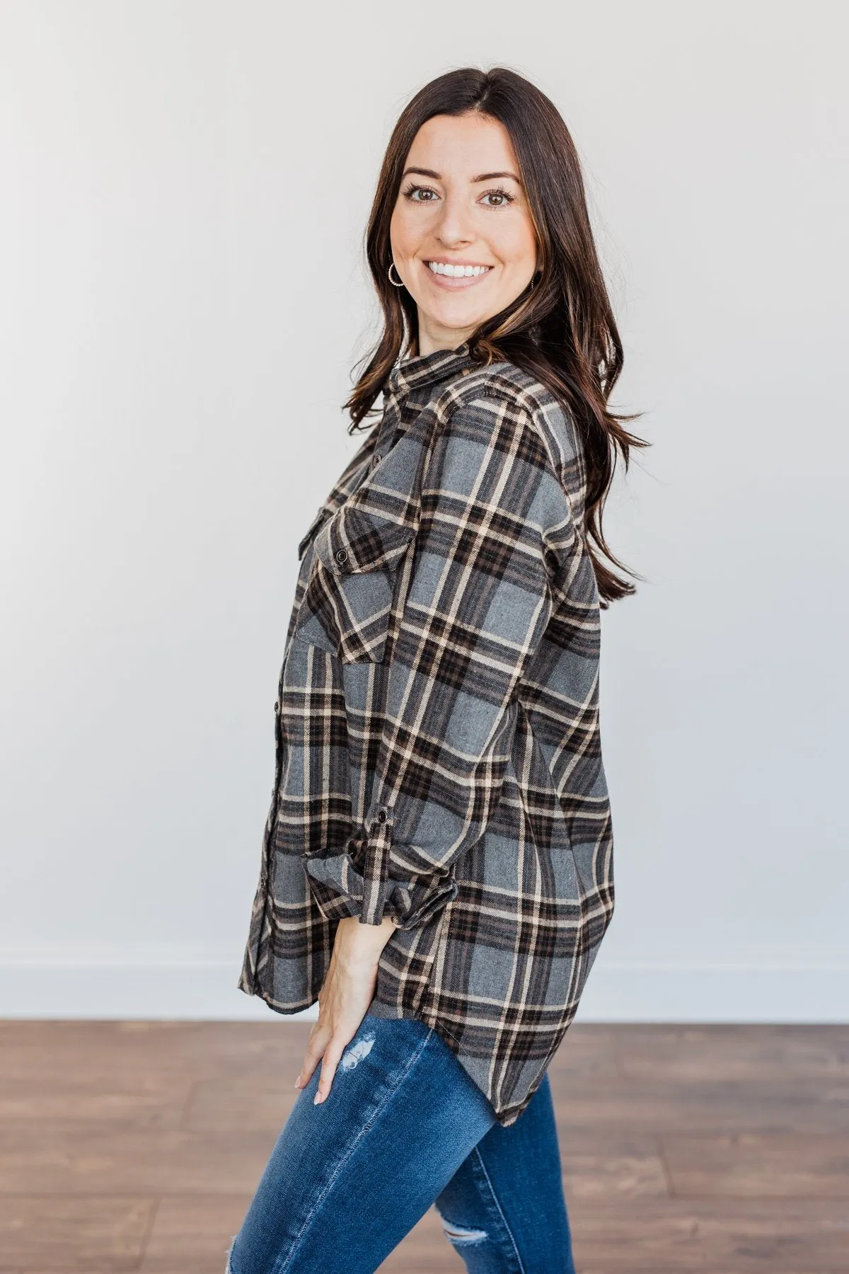 Pumpkin Farm Button Down Flannel- Charcoal, Tan, & Black
