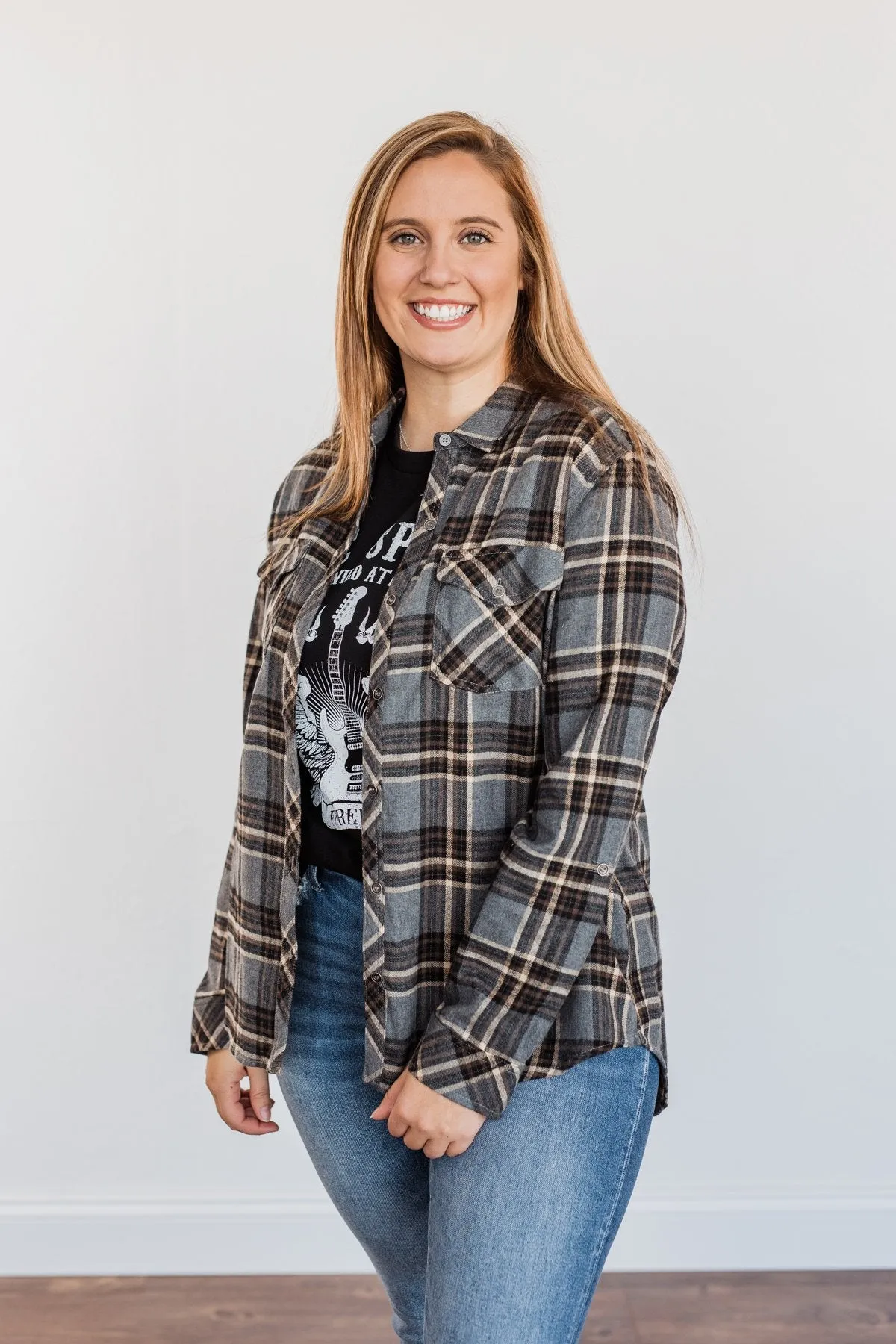 Pumpkin Farm Button Down Flannel- Charcoal, Tan, & Black