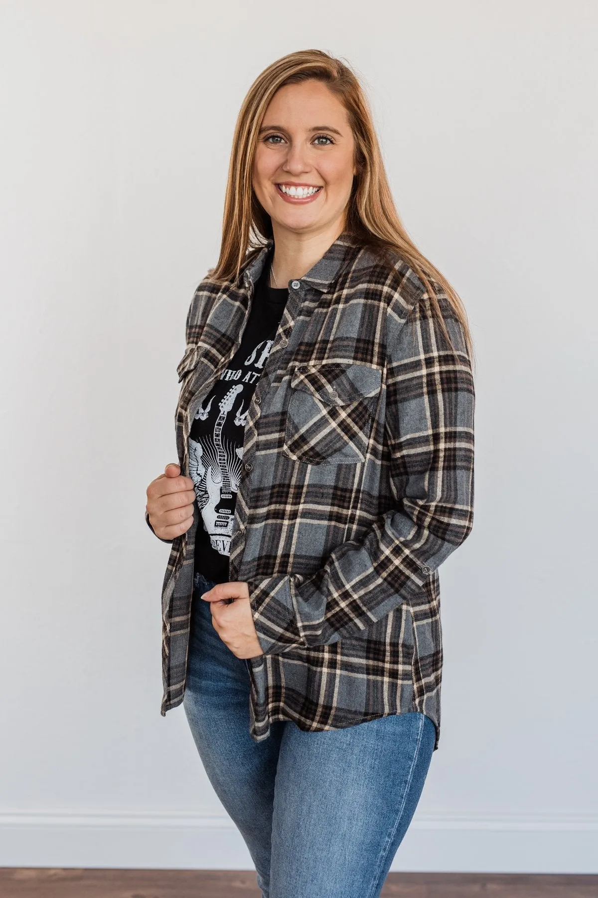 Pumpkin Farm Button Down Flannel- Charcoal, Tan, & Black