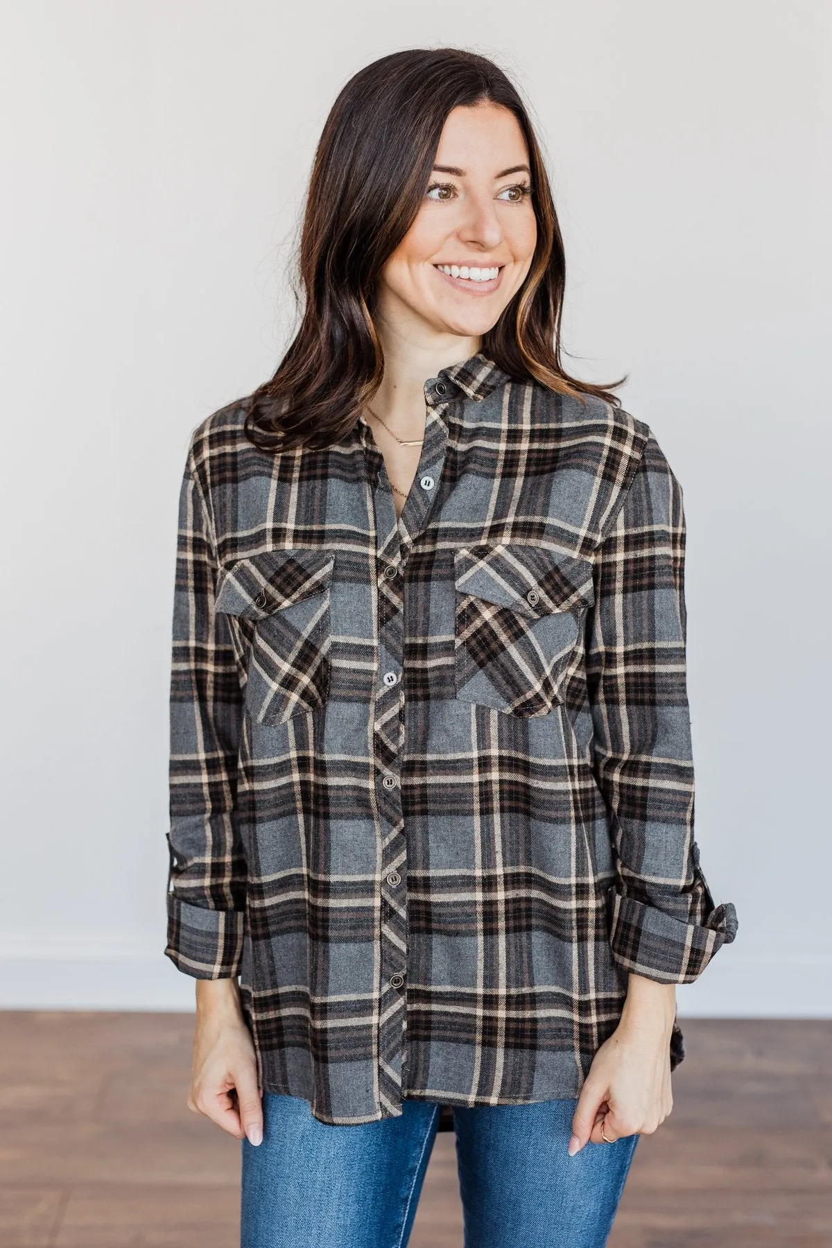 Pumpkin Farm Button Down Flannel- Charcoal, Tan, & Black