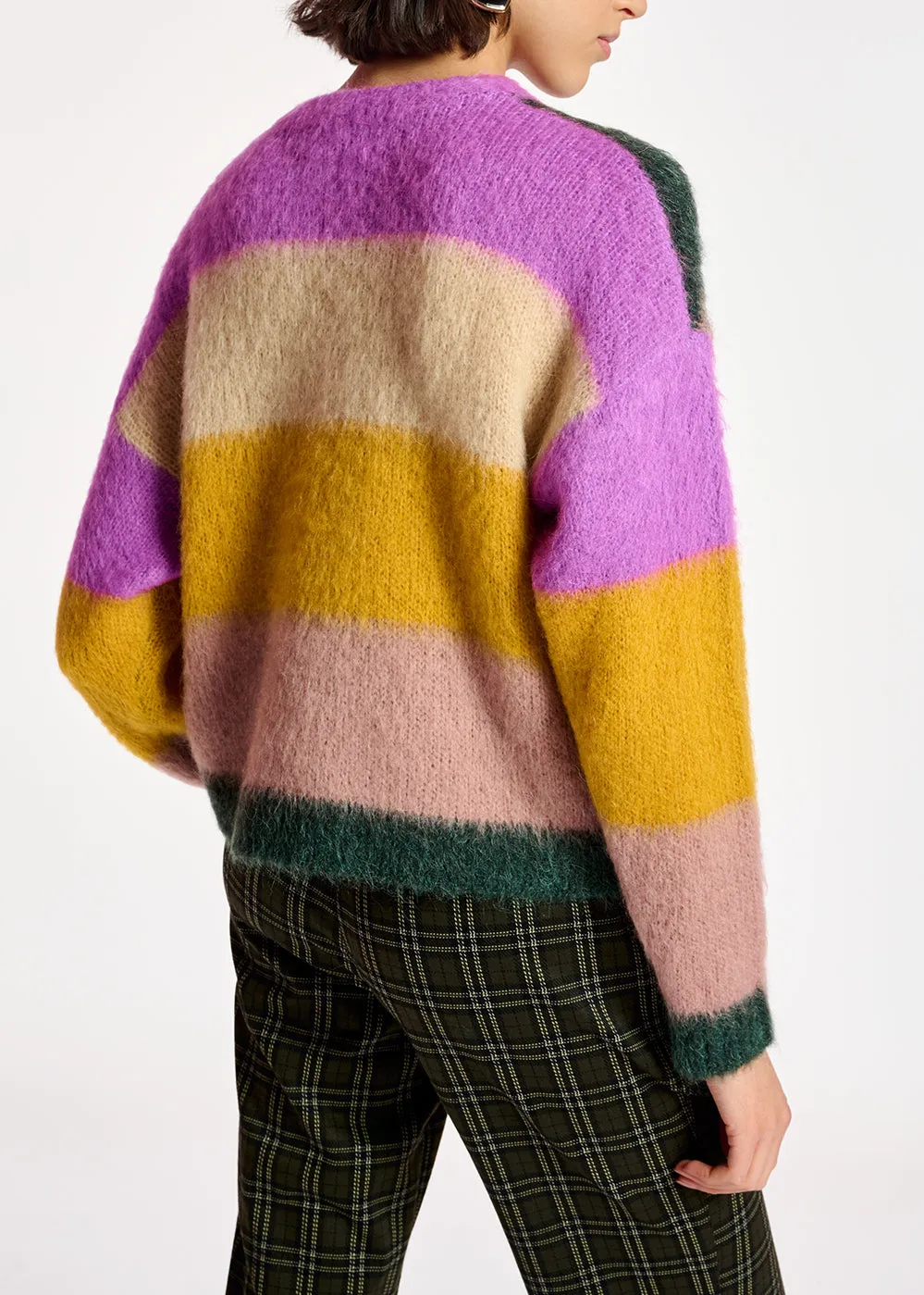 Purple, dark green and vintage pink intarsia-knitted sweater