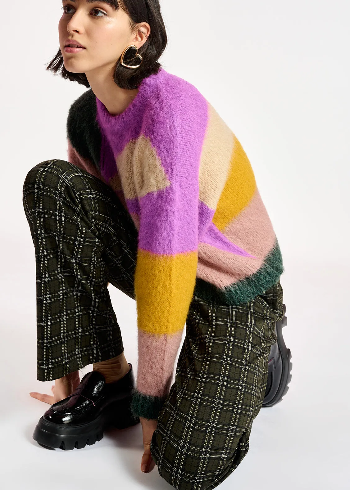 Purple, dark green and vintage pink intarsia-knitted sweater