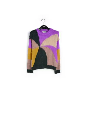Purple, dark green and vintage pink intarsia-knitted sweater