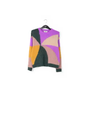Purple, dark green and vintage pink intarsia-knitted sweater
