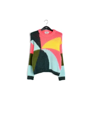 Purple, dark green and vintage pink intarsia-knitted sweater