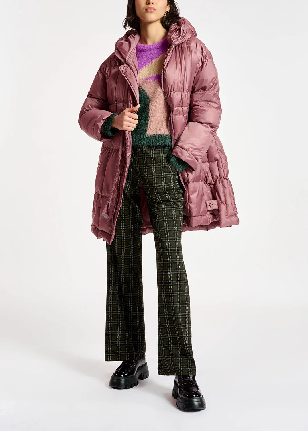 Purple, dark green and vintage pink intarsia-knitted sweater
