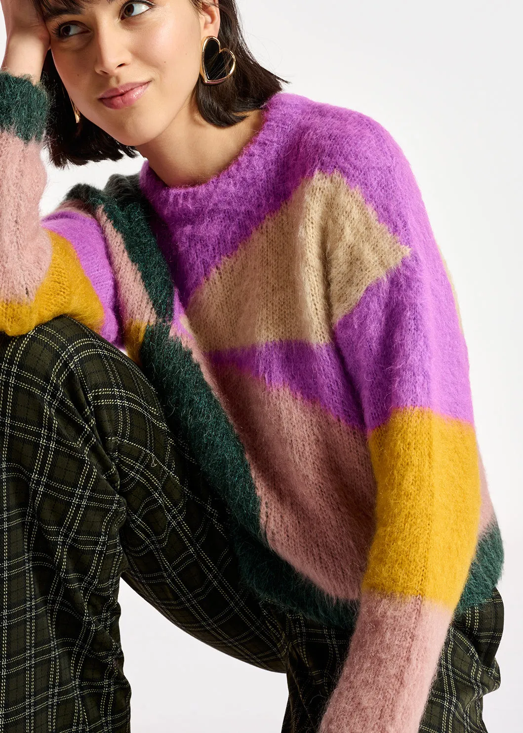 Purple, dark green and vintage pink intarsia-knitted sweater