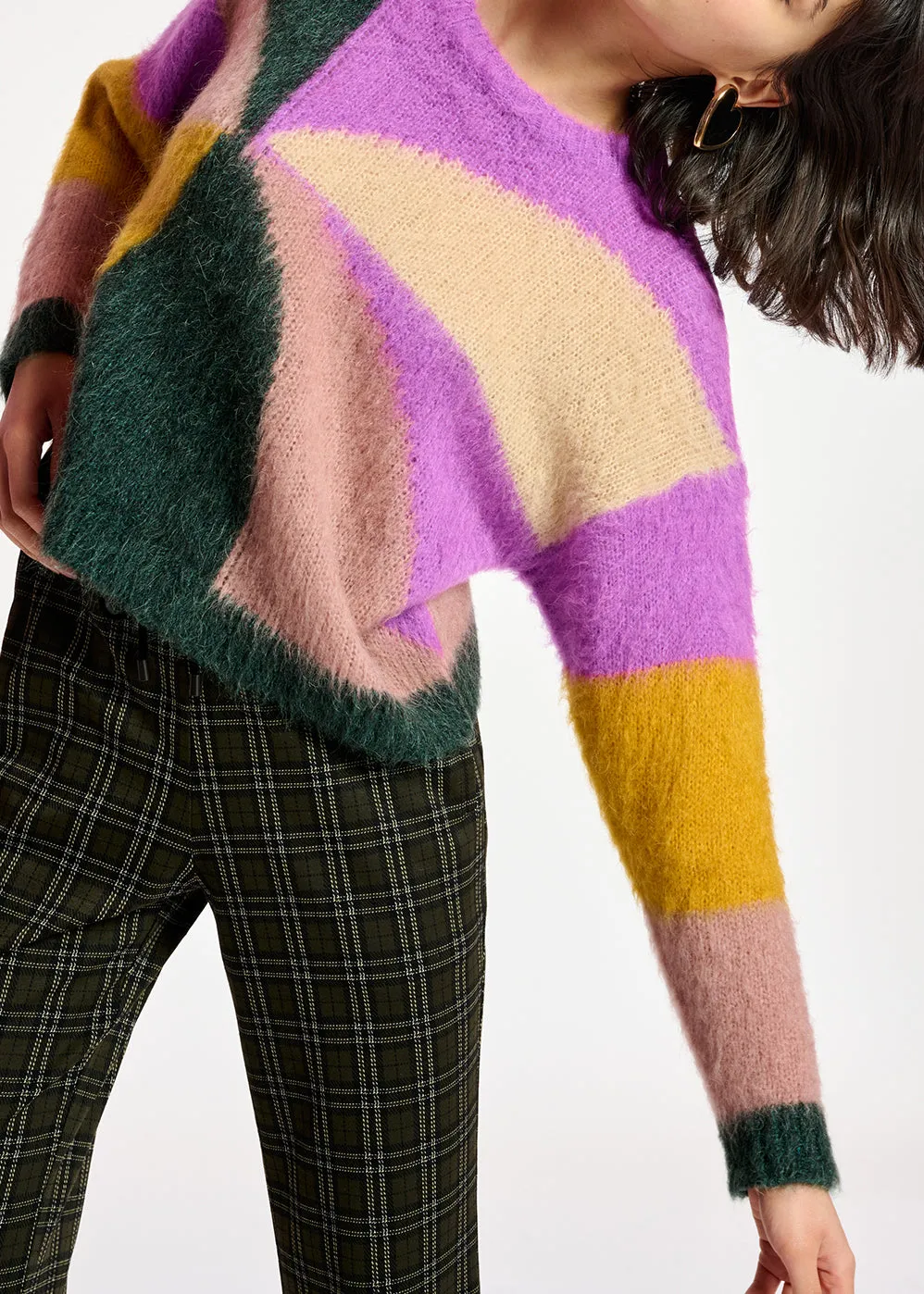 Purple, dark green and vintage pink intarsia-knitted sweater