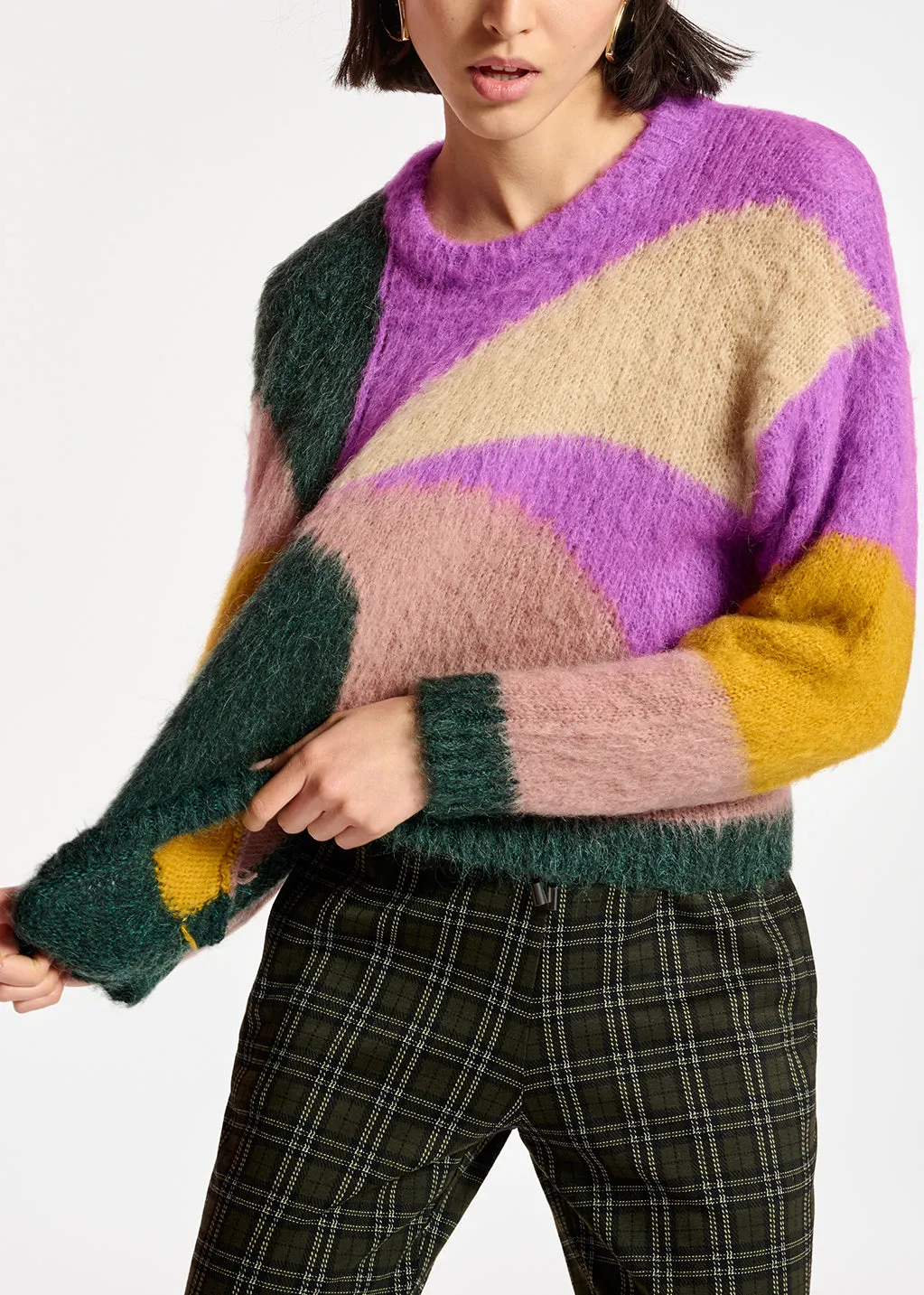 Purple, dark green and vintage pink intarsia-knitted sweater