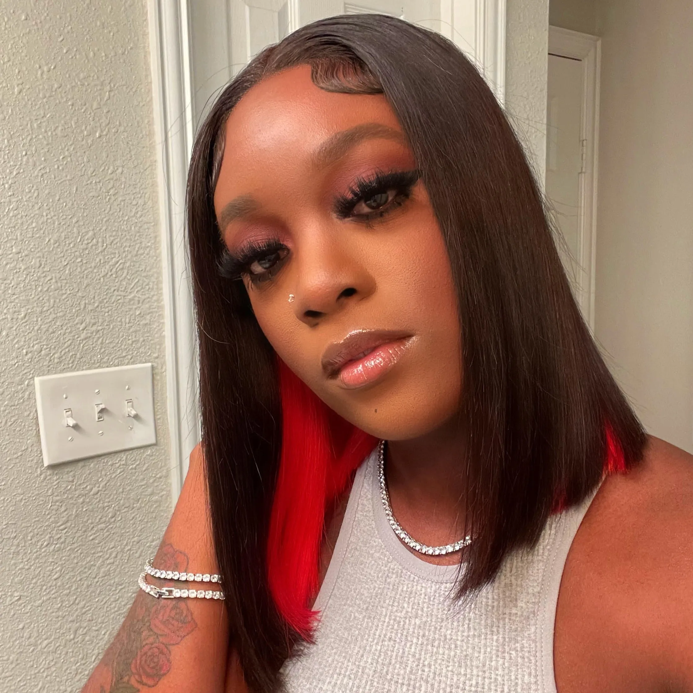 Red Peekaboo Highlights Color Short Bob Straight 13x4 Lace Front Human Hair Wigs