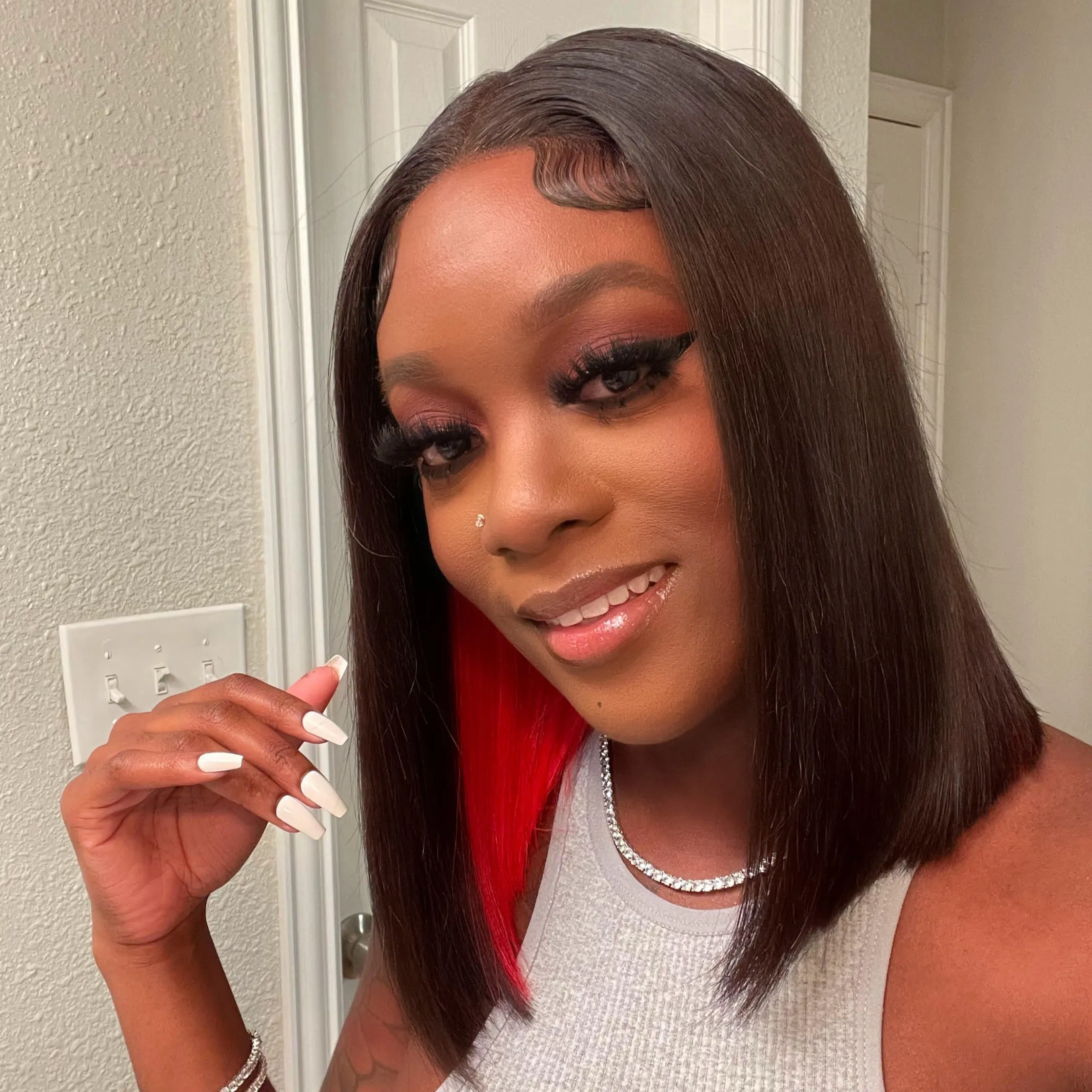 Red Peekaboo Highlights Color Short Bob Straight 13x4 Lace Front Human Hair Wigs