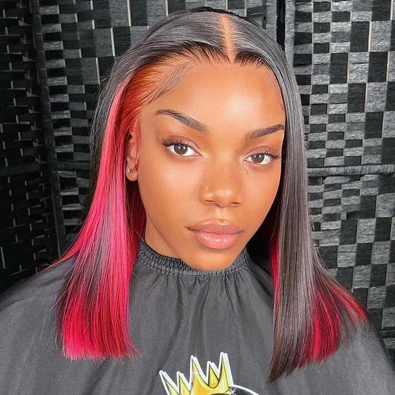 Red Peekaboo Highlights Color Short Bob Straight 13x4 Lace Front Human Hair Wigs