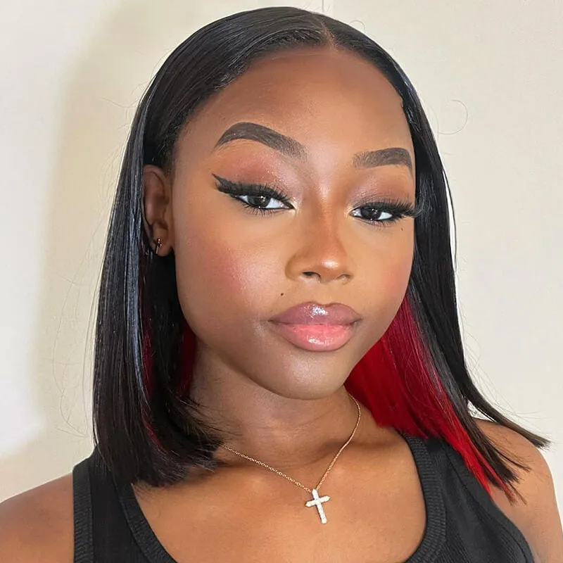 Red Peekaboo Highlights Color Short Bob Straight 13x4 Lace Front Human Hair Wigs