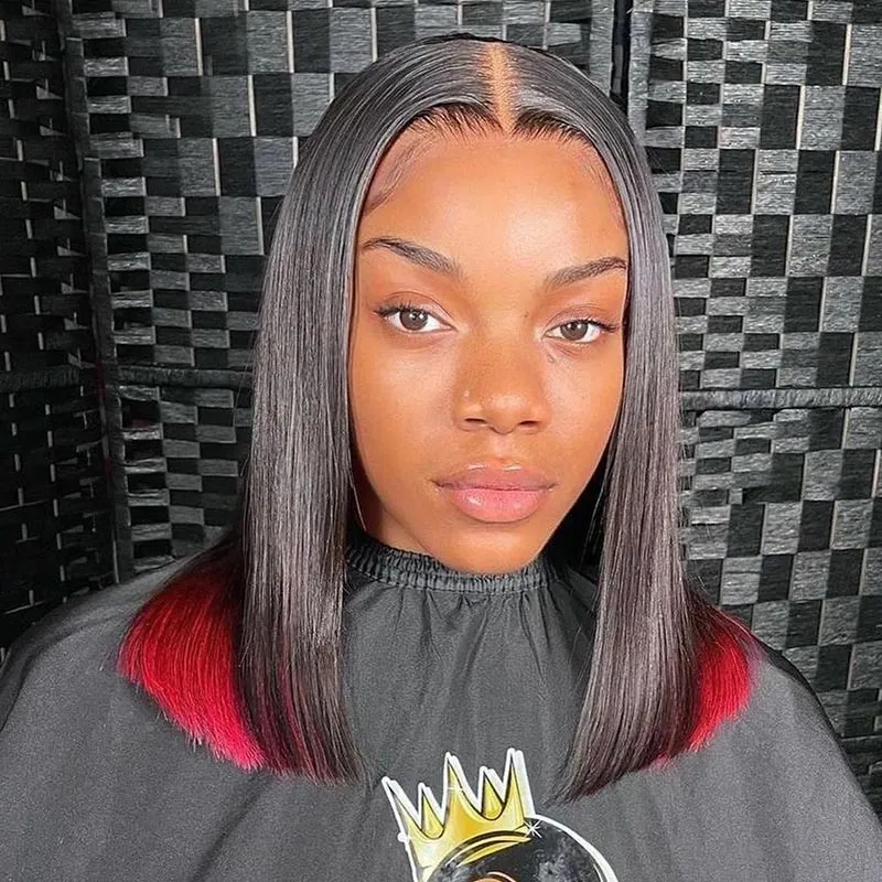 Red Peekaboo Highlights Color Short Bob Straight 13x4 Lace Front Human Hair Wigs