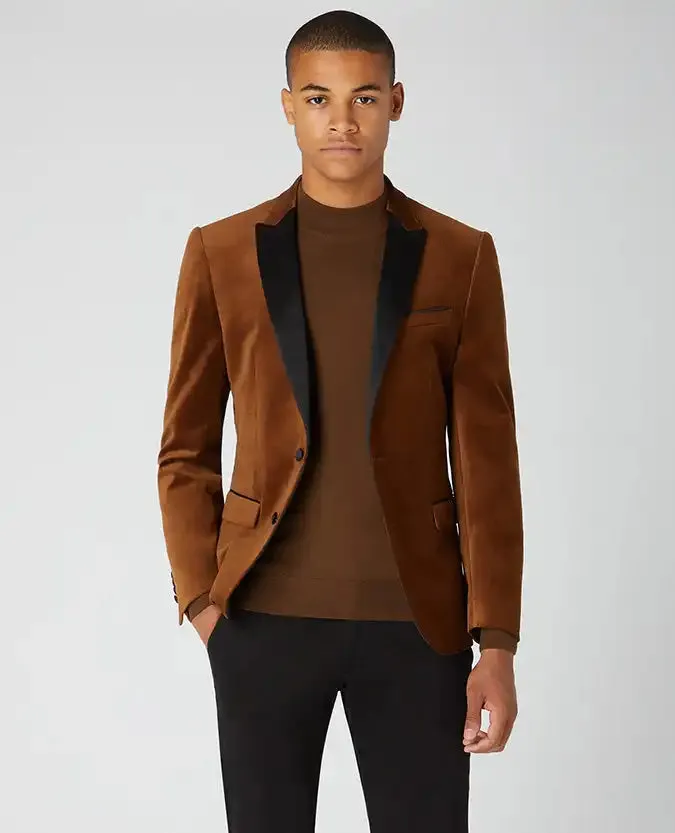 Remus Uomo Men's Monti Slim Fit Velvet Tuxedo Jacket Tobacco