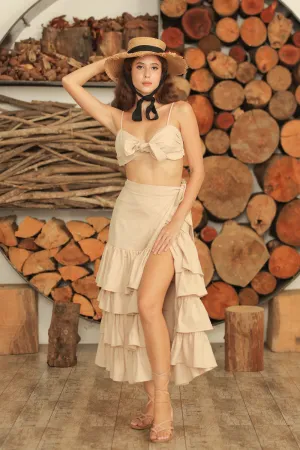 ROSALIE SET Wrap Tie Top with Wrap Around Ruffled Skirt  (Nude Linen)