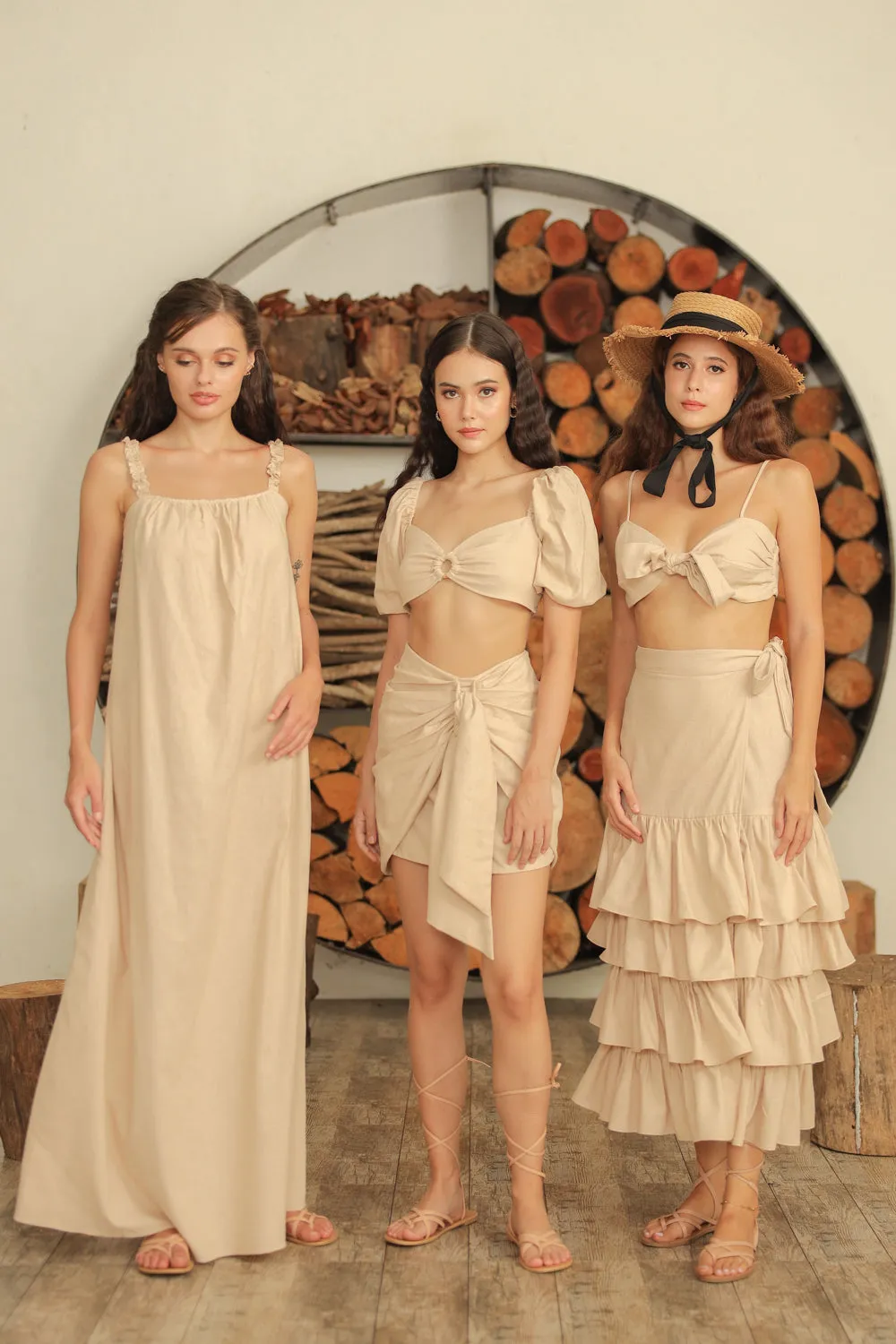 ROSALIE SET Wrap Tie Top with Wrap Around Ruffled Skirt  (Nude Linen)