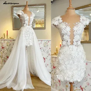 Roycebridal Elegant Ivory Short Wedding Dresses with Wedding Overskirt Detachable Train Tulle Bridal Skirt vestido de casamento