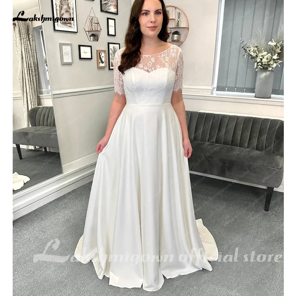 Roycebridal Half Sleeves Lace Formal Wedding Dresses Floor Length A-Line Satin With Pleats 2025 Bridal Gowns