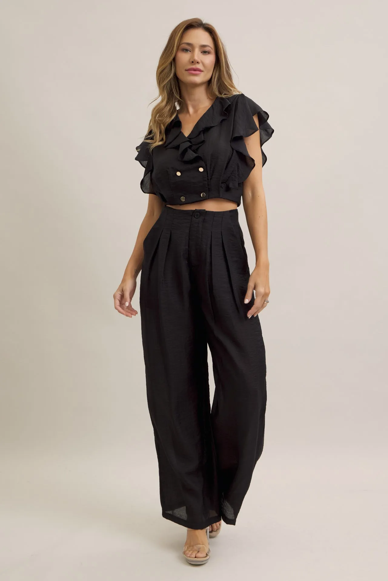 Ruffled Radiance Woven Crop Top and Pants Set