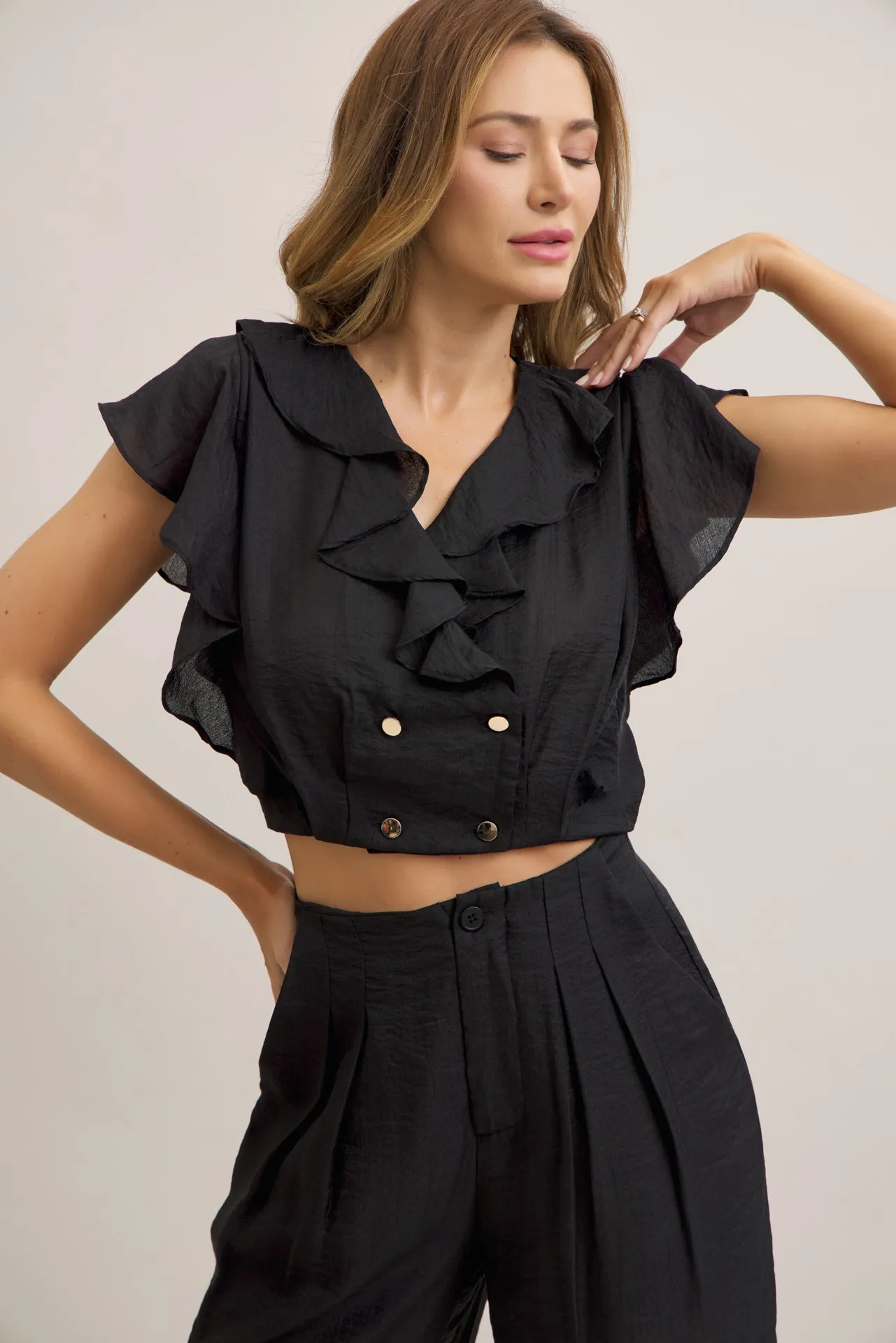 Ruffled Radiance Woven Crop Top and Pants Set