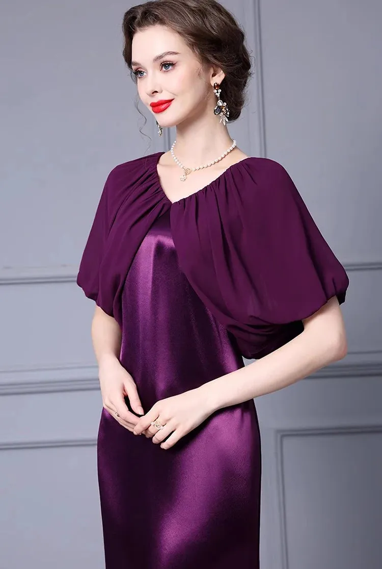 Saira V-Neck Splicing Cloak Sleeves Folds Slim-Fit Hip Wrap Elegant Dress