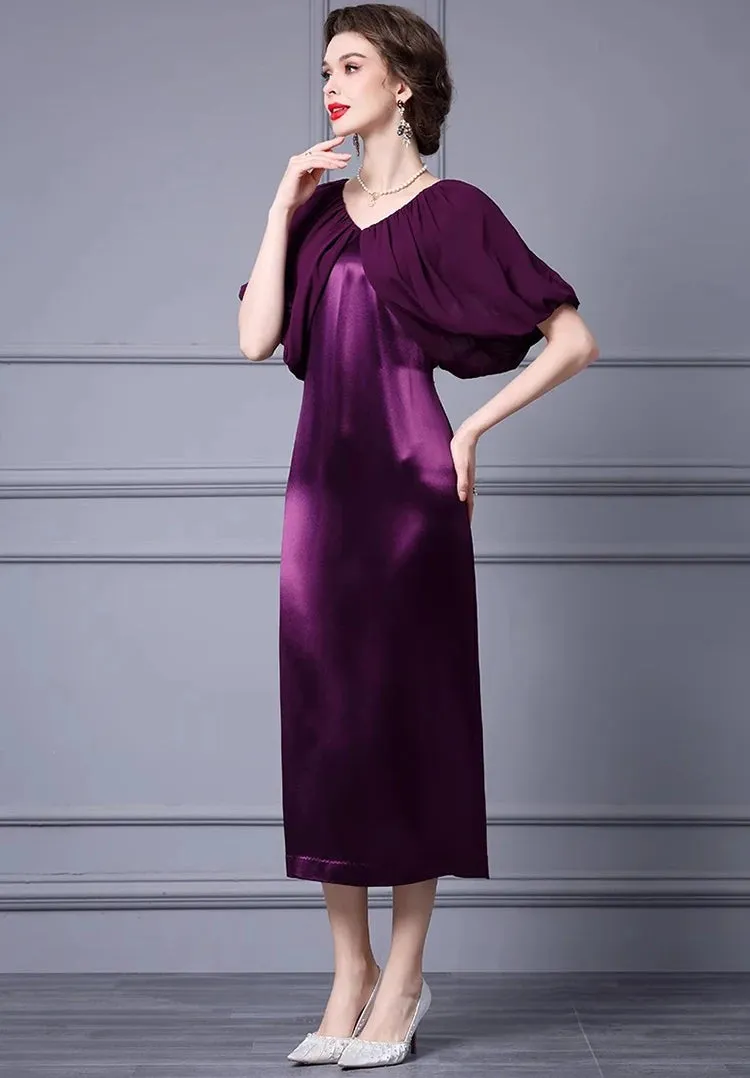 Saira V-Neck Splicing Cloak Sleeves Folds Slim-Fit Hip Wrap Elegant Dress