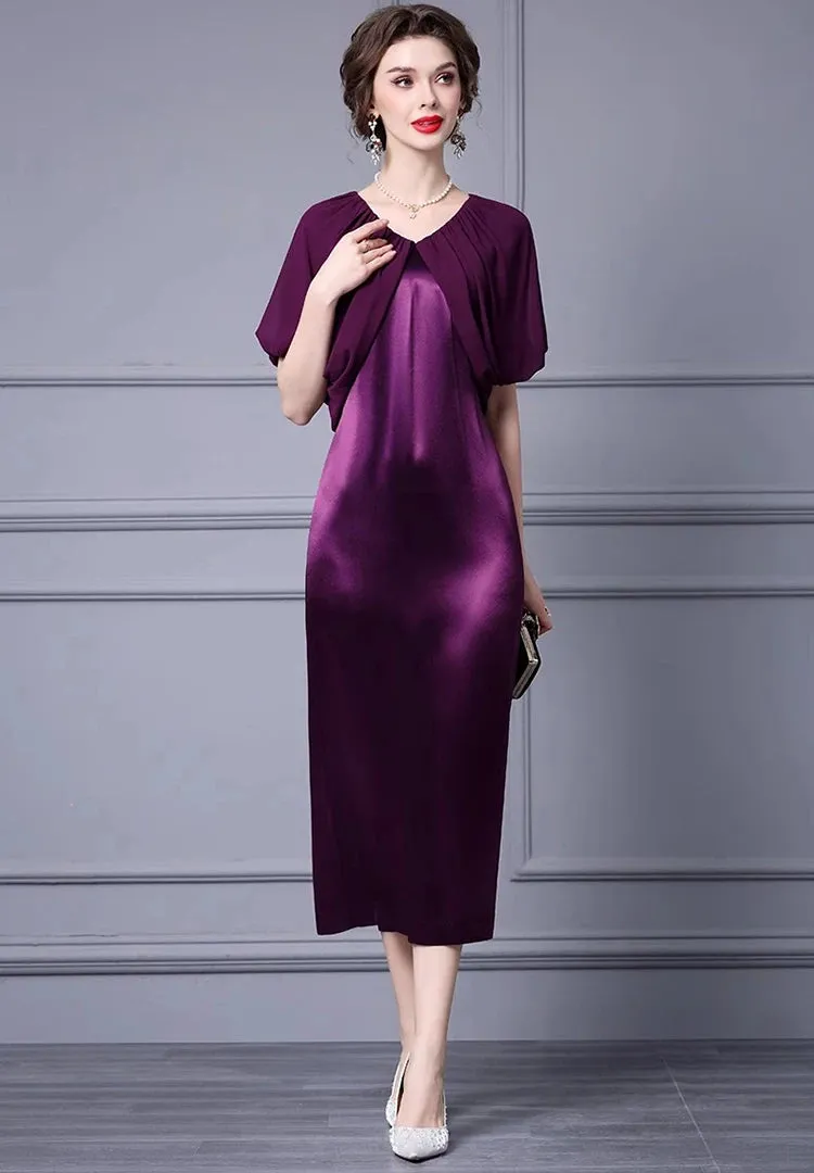 Saira V-Neck Splicing Cloak Sleeves Folds Slim-Fit Hip Wrap Elegant Dress