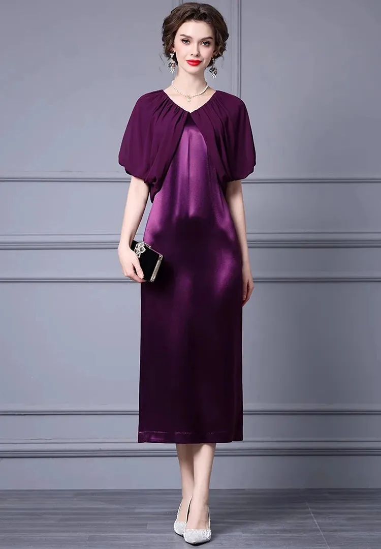 Saira V-Neck Splicing Cloak Sleeves Folds Slim-Fit Hip Wrap Elegant Dress