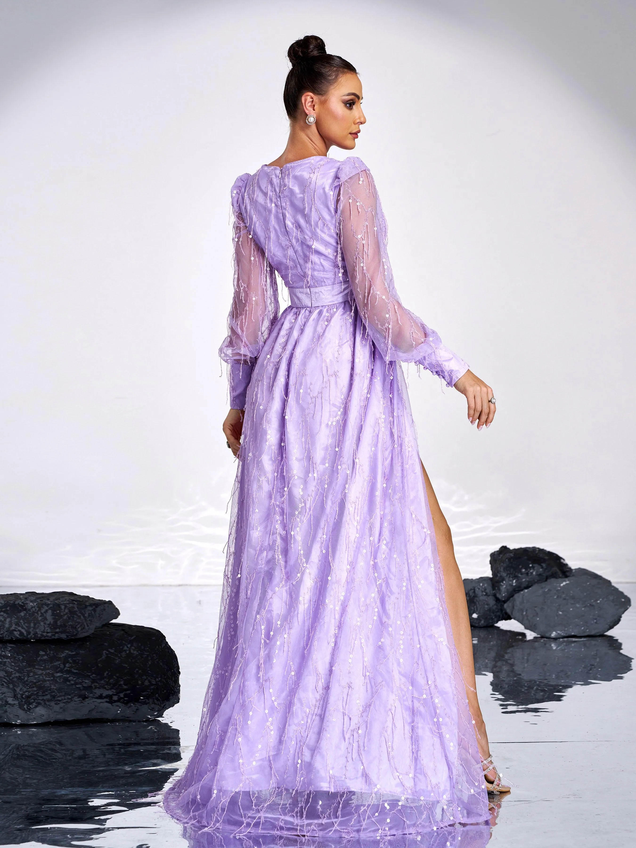 Sequin Fringed Bowknot Prom Dress M02086