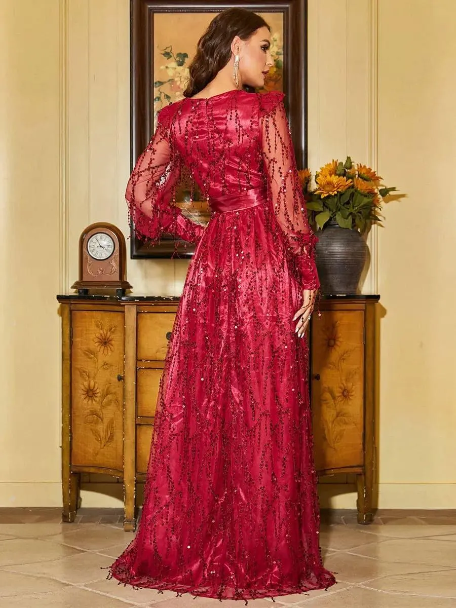 Sequin Fringed Bowknot Prom Dress M02086