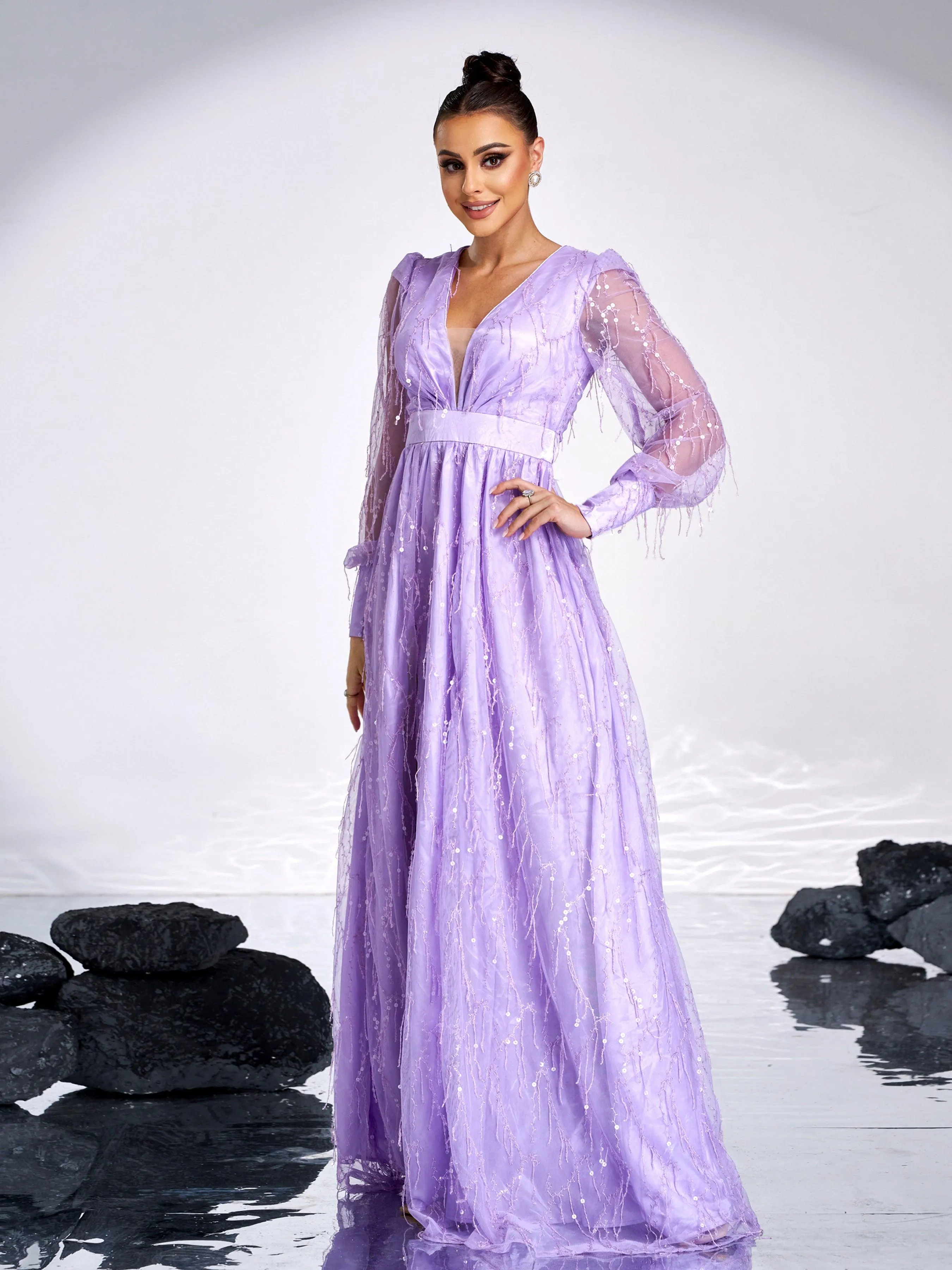 Sequin Fringed Bowknot Prom Dress M02086
