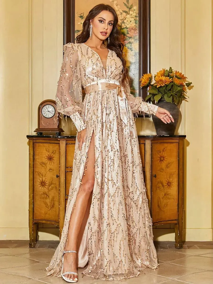 Sequin Fringed Bowknot Prom Dress M02086