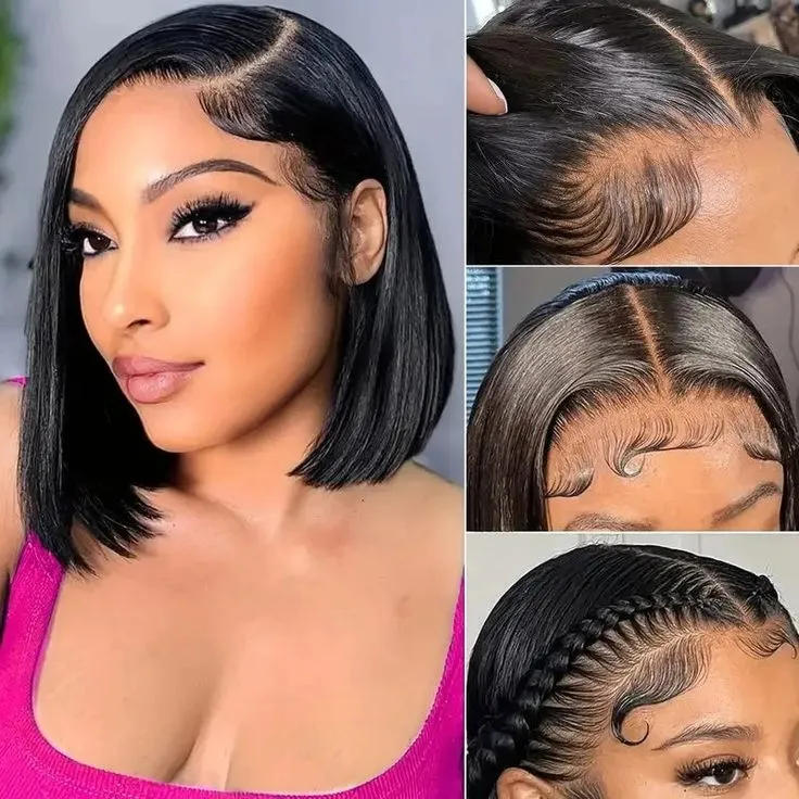 Short Bob Natural Black Silky Straight 6x5 Pre-cut Glueless Human Hair Wigs