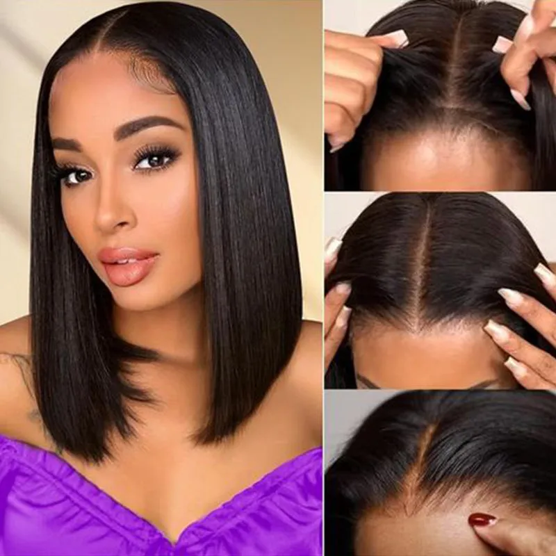 Short Bob Natural Black Silky Straight 6x5 Pre-cut Glueless Human Hair Wigs