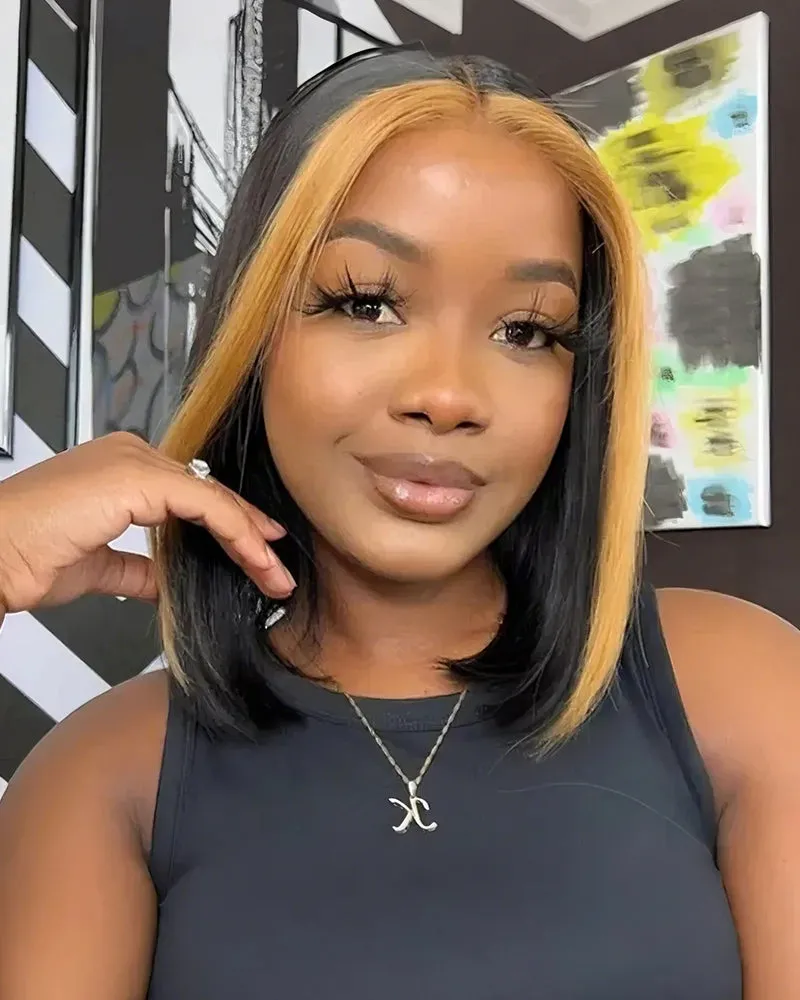 Skunk Stripe Black Blonde T-Part Lace Short Straight Bob Style Human Hair Wigs