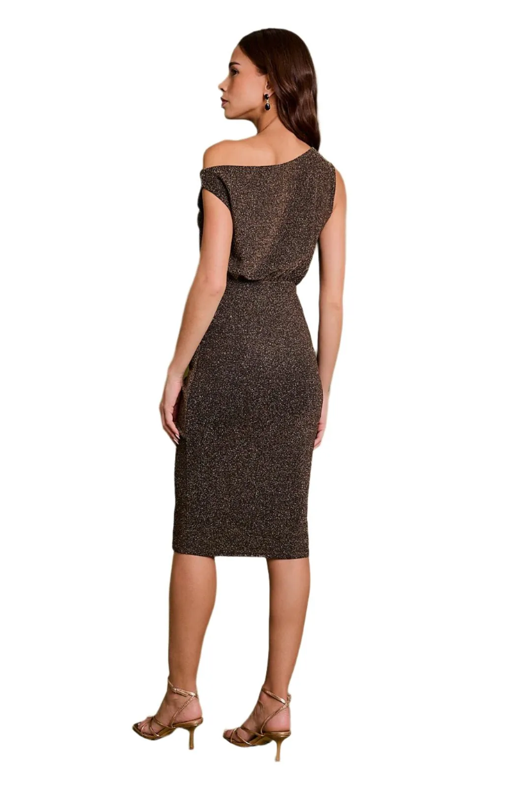 Sleeveless One Shoulder Wrap Tie Lurex Dress